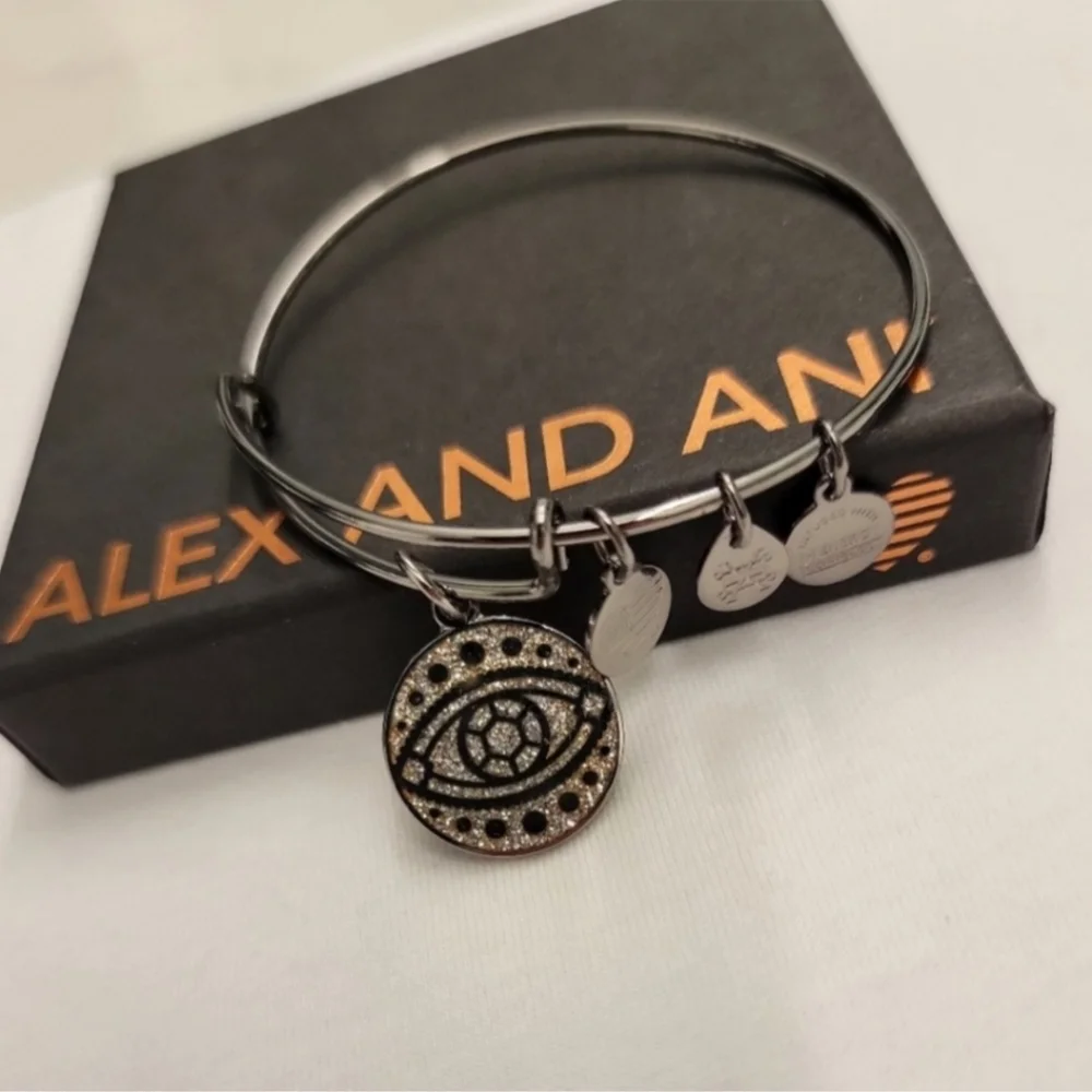 NWOT ALEX & ANI Color Infusion Midnight Silver Evil Eye Charm Expandable Bangle